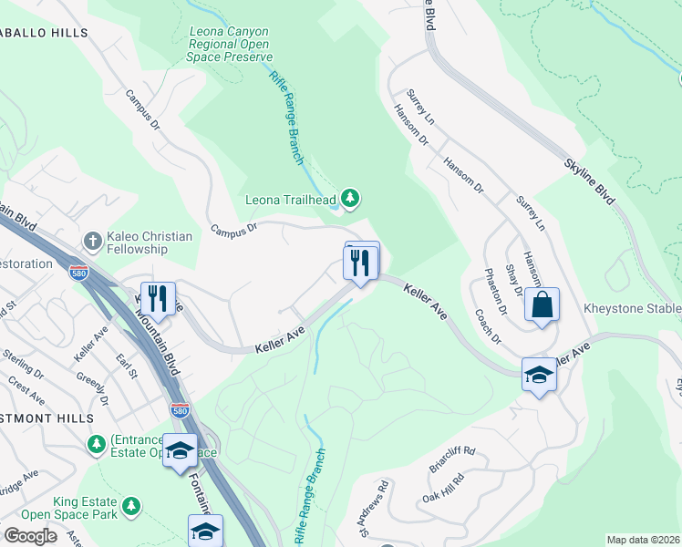 map of restaurants, bars, coffee shops, grocery stores, and more near 630 Canyon Oaks Drive in Oakland