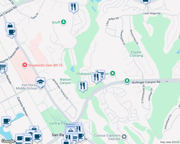 map of restaurants, bars, coffee shops, grocery stores, and more near 1136 Vista Pointe Circle in San Ramon