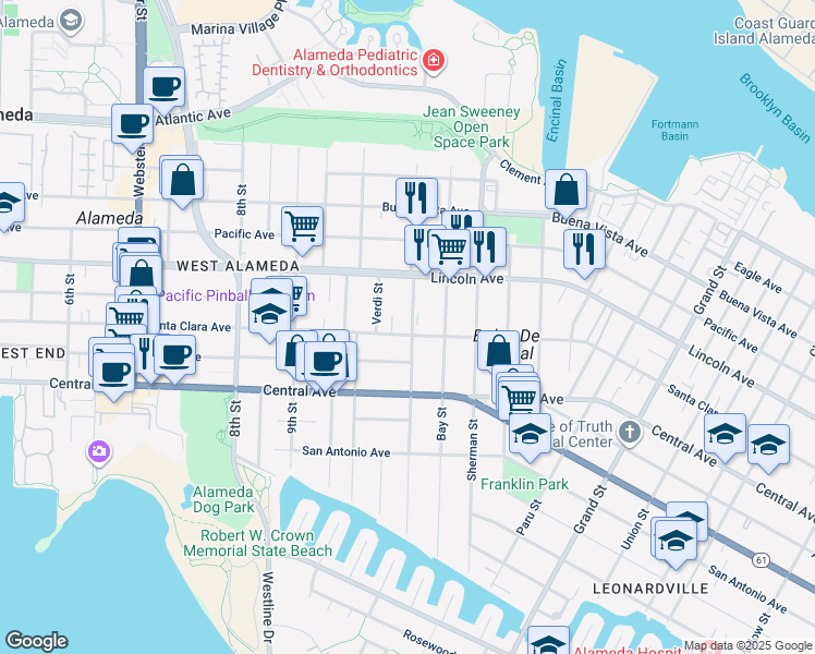 map of restaurants, bars, coffee shops, grocery stores, and more near 1059 Santa Clara Avenue in Alameda
