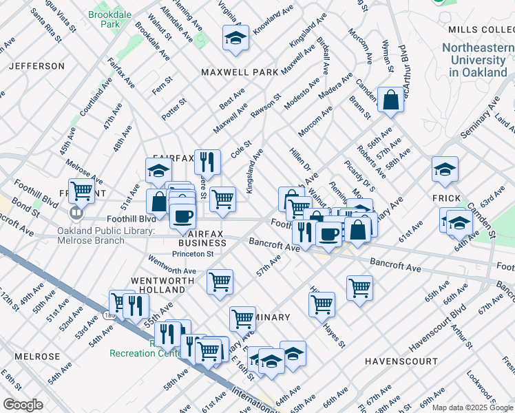map of restaurants, bars, coffee shops, grocery stores, and more near 5448 Trask Street in Oakland