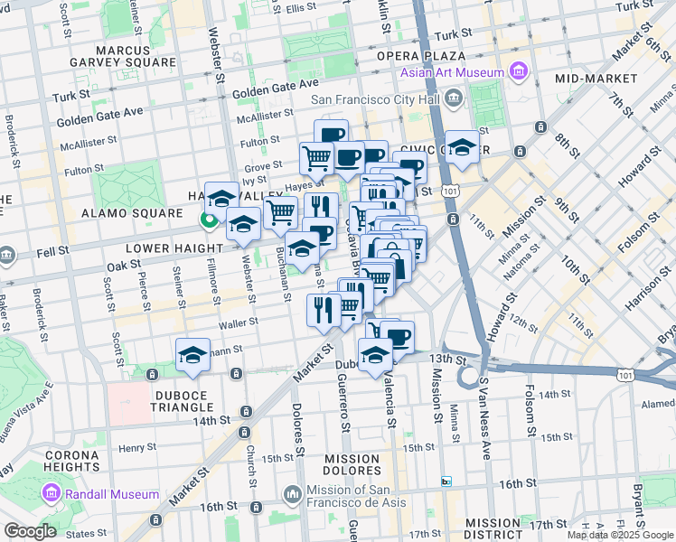 map of restaurants, bars, coffee shops, grocery stores, and more near 101 Octavia Street in San Francisco
