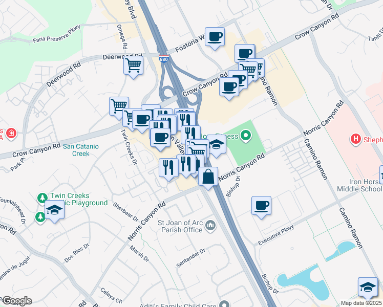 map of restaurants, bars, coffee shops, grocery stores, and more near in San Ramon