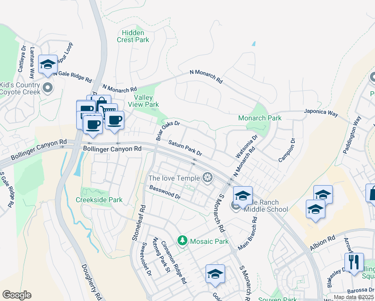 map of restaurants, bars, coffee shops, grocery stores, and more near 8304 Saturn Park Drive in San Ramon