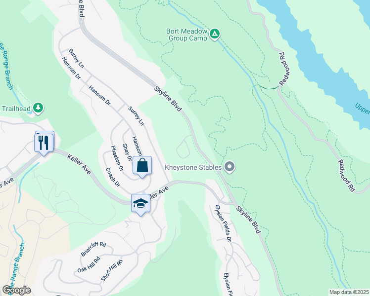 map of restaurants, bars, coffee shops, grocery stores, and more near 8288 Skyline Circle in Oakland