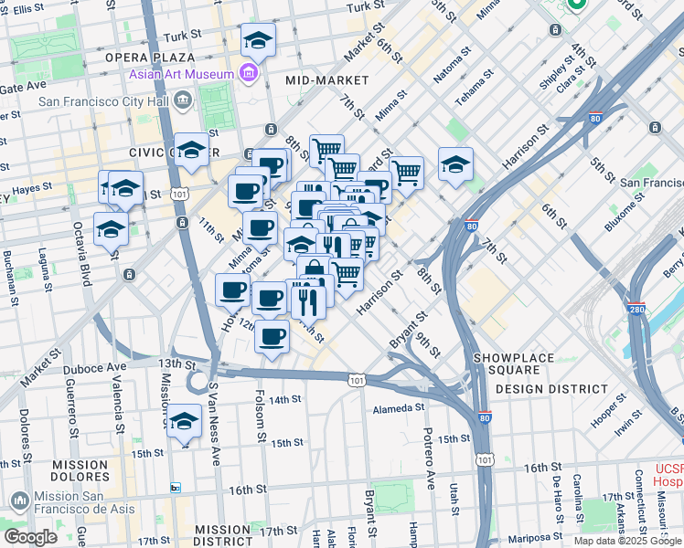 map of restaurants, bars, coffee shops, grocery stores, and more near 130 Dore Street in San Francisco