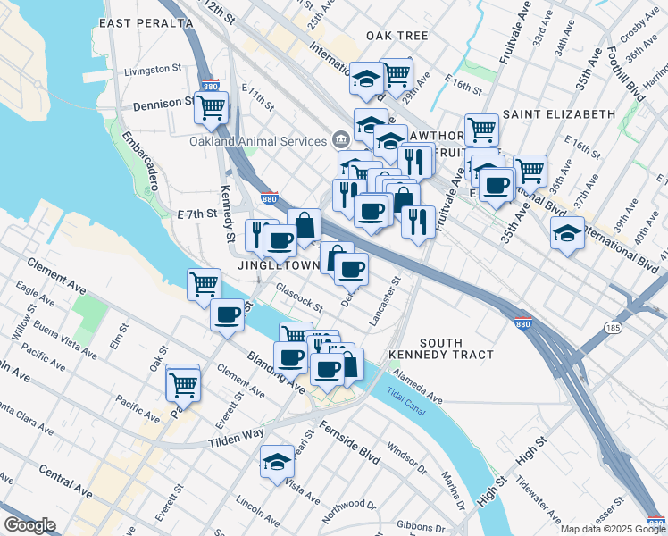 map of restaurants, bars, coffee shops, grocery stores, and more near 2928 Chapman Street in Oakland