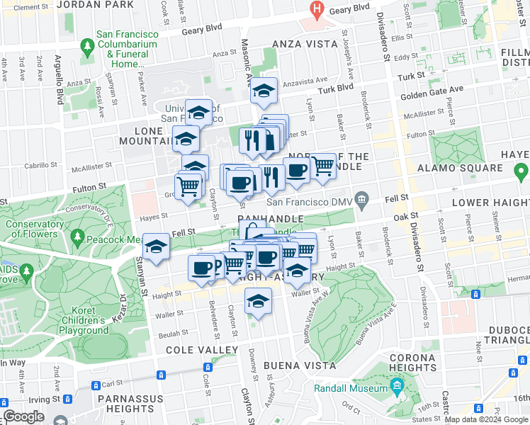 map of restaurants, bars, coffee shops, grocery stores, and more near 1712 Fell Street in San Francisco