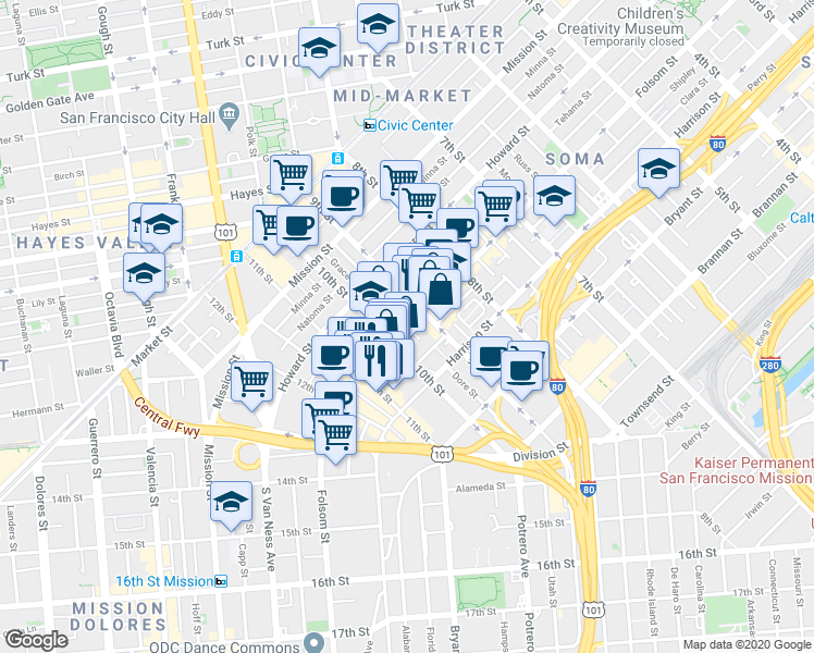 map of restaurants, bars, coffee shops, grocery stores, and more near Folsom Street & Dore Street in San Francisco