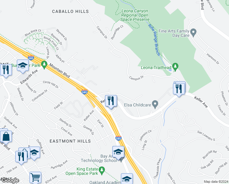 map of restaurants, bars, coffee shops, grocery stores, and more near 8009 Greenridge Drive in Oakland