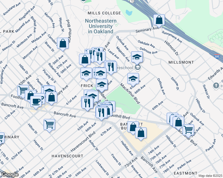 map of restaurants, bars, coffee shops, grocery stores, and more near 3155 64th Avenue in Oakland
