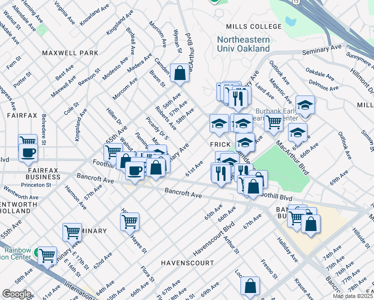 map of restaurants, bars, coffee shops, grocery stores, and more near 2851 60th Avenue in Oakland