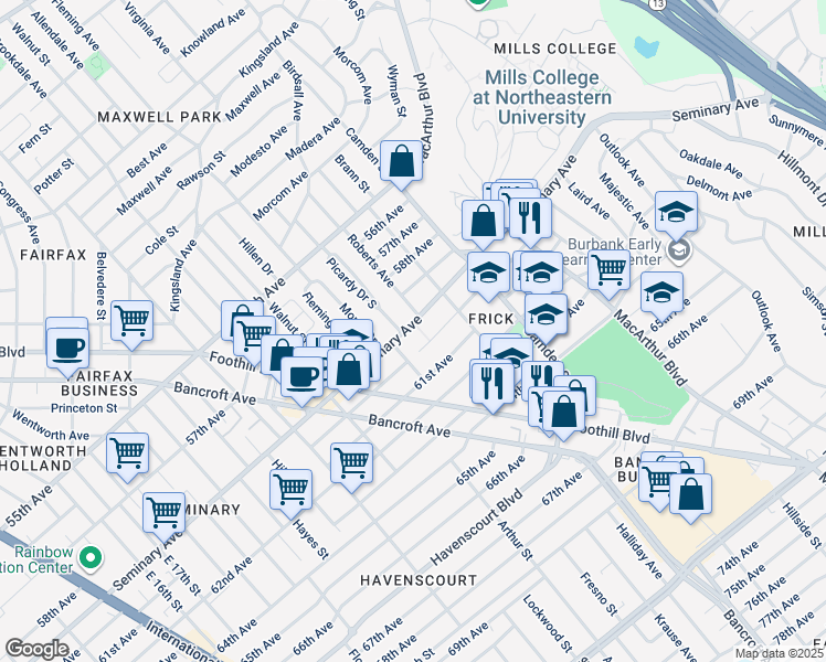 map of restaurants, bars, coffee shops, grocery stores, and more near 2851 60th Avenue in Oakland