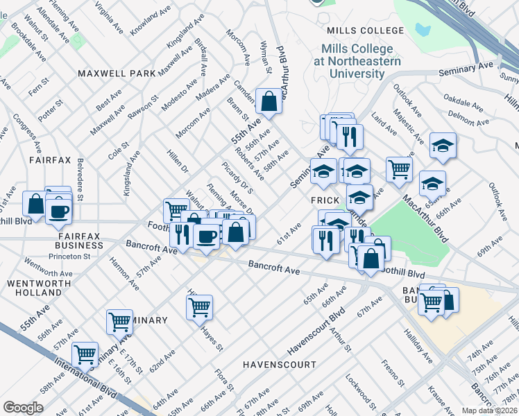map of restaurants, bars, coffee shops, grocery stores, and more near 2751 Seminary Avenue in Oakland