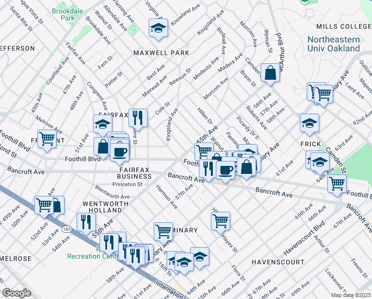 map of restaurants, bars, coffee shops, grocery stores, and more near in Oakland