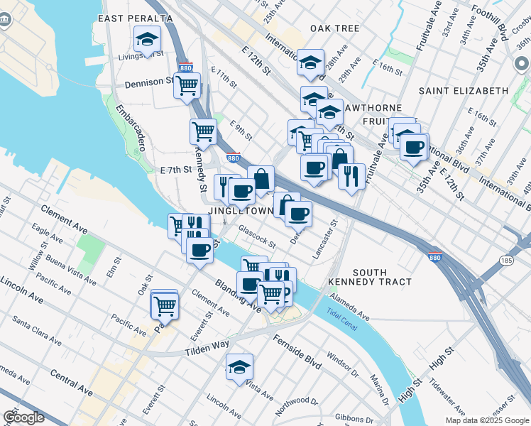 map of restaurants, bars, coffee shops, grocery stores, and more near 2896 Ford Street in Oakland