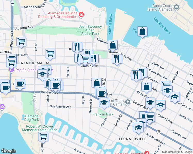 map of restaurants, bars, coffee shops, grocery stores, and more near 1401 Santa Clara Avenue in Alameda