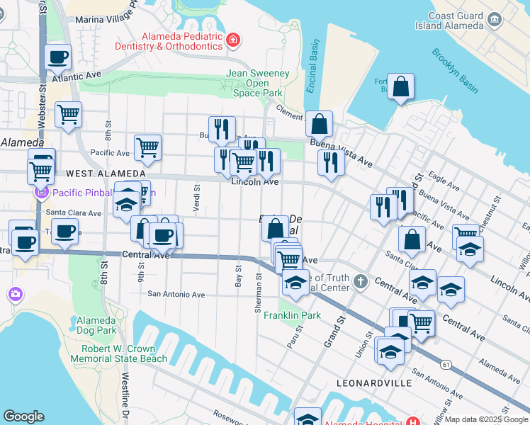 map of restaurants, bars, coffee shops, grocery stores, and more near 1224 Santa Clara Avenue in Alameda