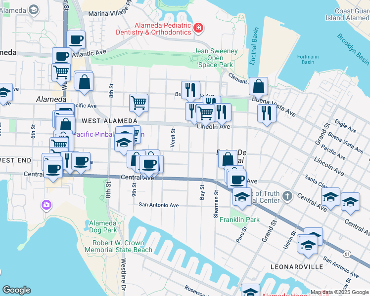 map of restaurants, bars, coffee shops, grocery stores, and more near 1036 Santa Clara Avenue in Alameda