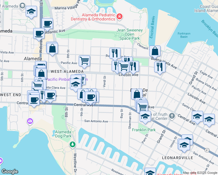 map of restaurants, bars, coffee shops, grocery stores, and more near 1036 Santa Clara Avenue in Alameda