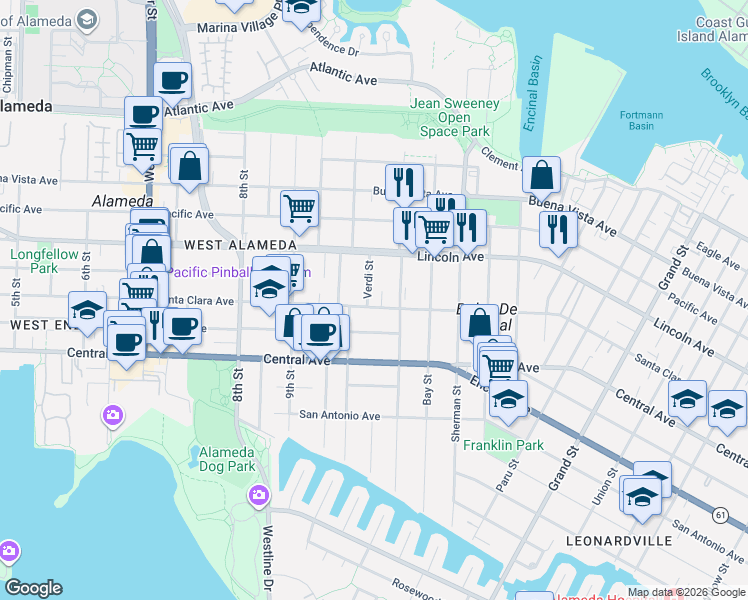 map of restaurants, bars, coffee shops, grocery stores, and more near 1036 Santa Clara Avenue in Alameda