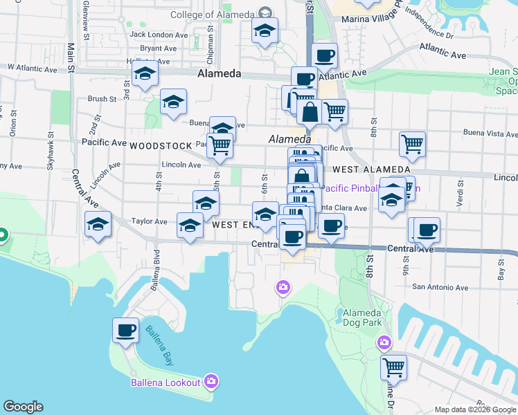 map of restaurants, bars, coffee shops, grocery stores, and more near 550 Santa Clara Avenue in Alameda