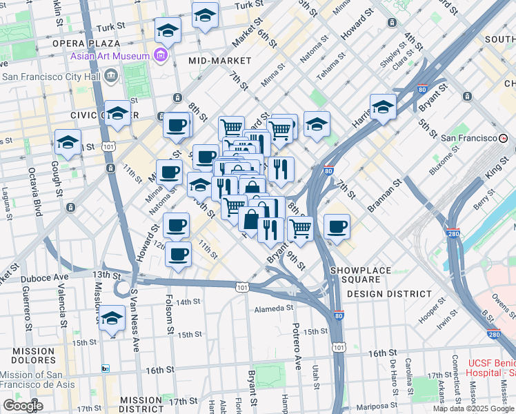 map of restaurants, bars, coffee shops, grocery stores, and more near in San Francisco