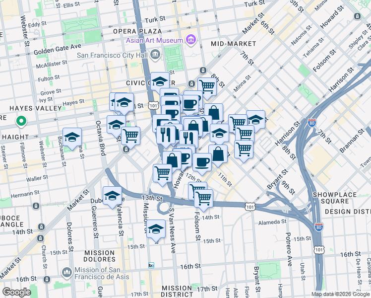 map of restaurants, bars, coffee shops, grocery stores, and more near 1029 Natoma Street in San Francisco