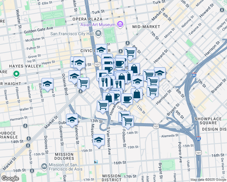 map of restaurants, bars, coffee shops, grocery stores, and more near 1029 Natoma Street in San Francisco