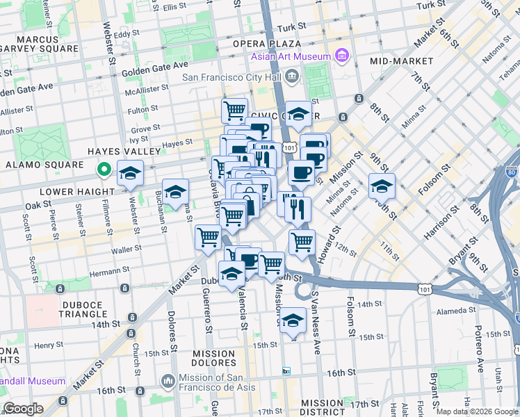 map of restaurants, bars, coffee shops, grocery stores, and more near 1206 Stevenson Street in San Francisco