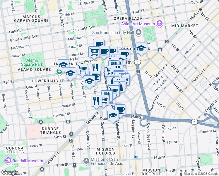map of restaurants, bars, coffee shops, grocery stores, and more near 101 Octavia Street in San Francisco