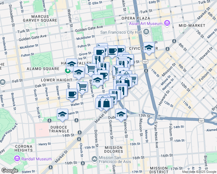 map of restaurants, bars, coffee shops, grocery stores, and more near in San Francisco