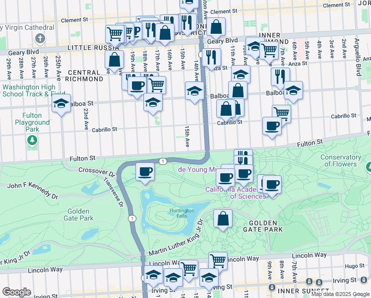 map of restaurants, bars, coffee shops, grocery stores, and more near 3900 Fulton Street in San Francisco