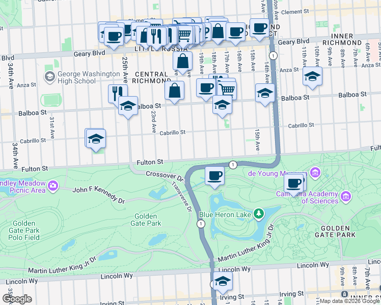 map of restaurants, bars, coffee shops, grocery stores, and more near 4434 Fulton Street in San Francisco