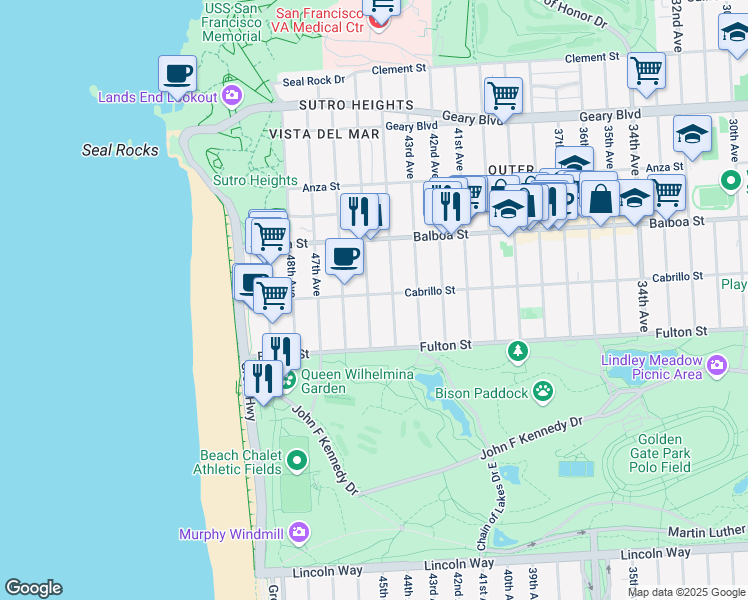 map of restaurants, bars, coffee shops, grocery stores, and more near 823 44th Avenue in San Francisco