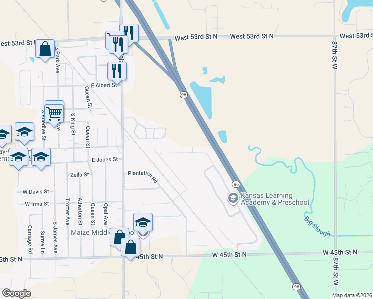 map of restaurants, bars, coffee shops, grocery stores, and more near 440 South Longbranch Drive in Maize