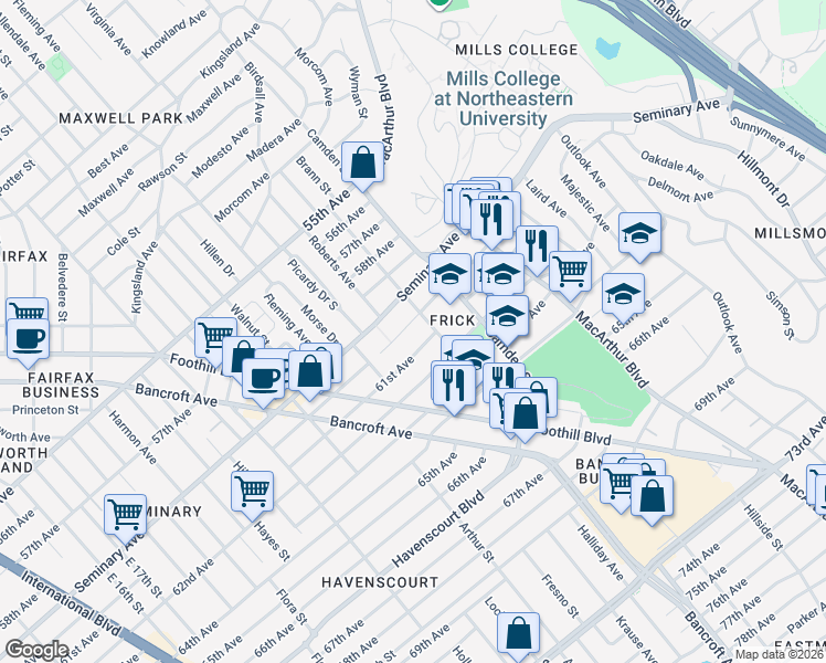 map of restaurants, bars, coffee shops, grocery stores, and more near 2936 61st Avenue in Oakland