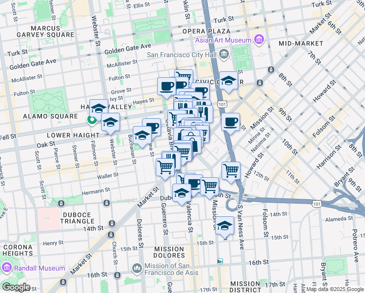 map of restaurants, bars, coffee shops, grocery stores, and more near in San Francisco