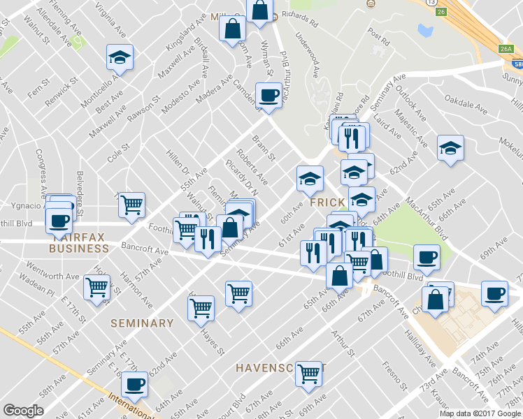 map of restaurants, bars, coffee shops, grocery stores, and more near 2751 Seminary Avenue in Oakland