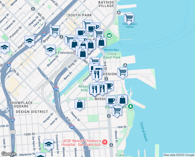 map of restaurants, bars, coffee shops, grocery stores, and more near 1201 4th Street in San Francisco