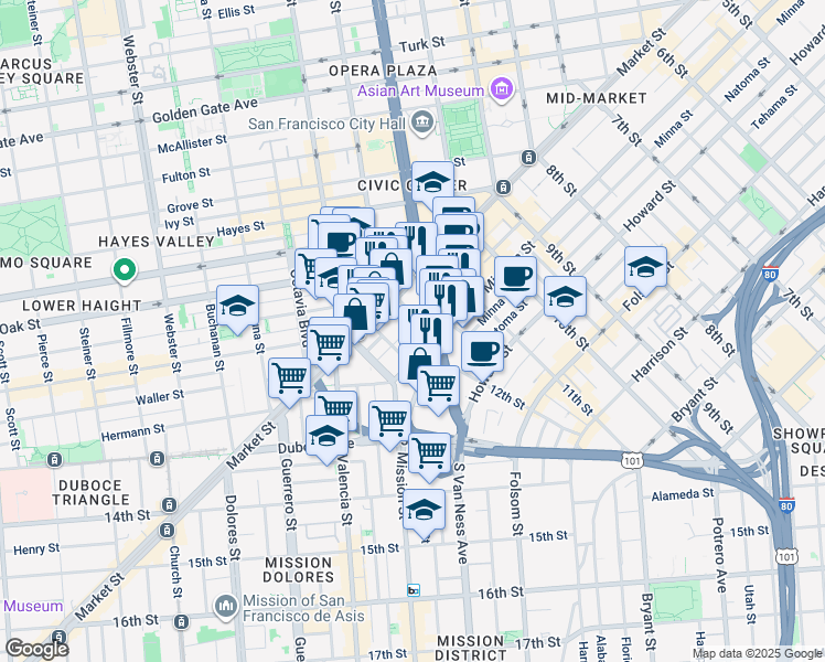 map of restaurants, bars, coffee shops, grocery stores, and more near 10 Chase Court in San Francisco