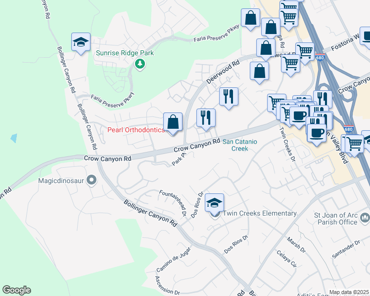 map of restaurants, bars, coffee shops, grocery stores, and more near Crow Canyon Rd & Park Pl in San Ramon