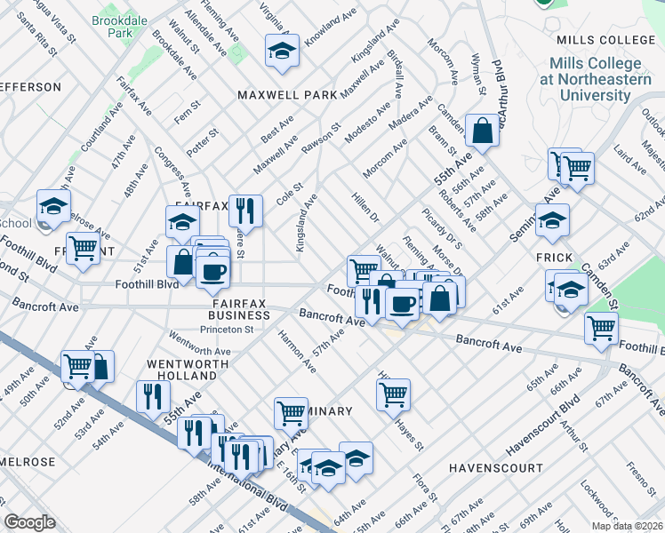 map of restaurants, bars, coffee shops, grocery stores, and more near in Oakland