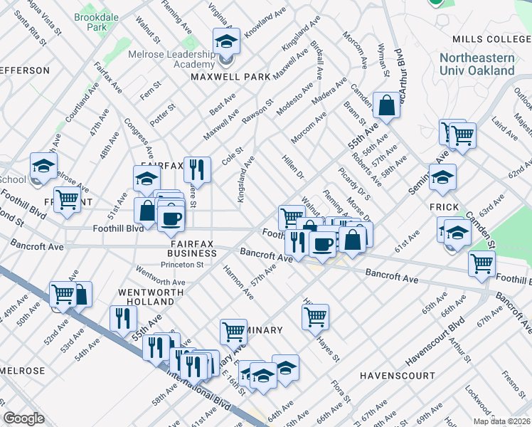 map of restaurants, bars, coffee shops, grocery stores, and more near in Oakland