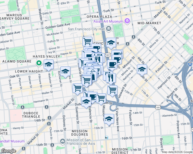 map of restaurants, bars, coffee shops, grocery stores, and more near 1206 Stevenson Street in San Francisco