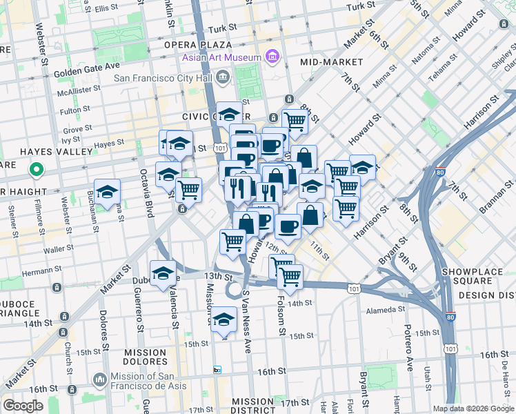 map of restaurants, bars, coffee shops, grocery stores, and more near 1029 Natoma Street in San Francisco