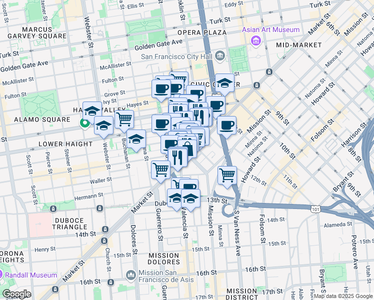 map of restaurants, bars, coffee shops, grocery stores, and more near 1686 Market Street in San Francisco