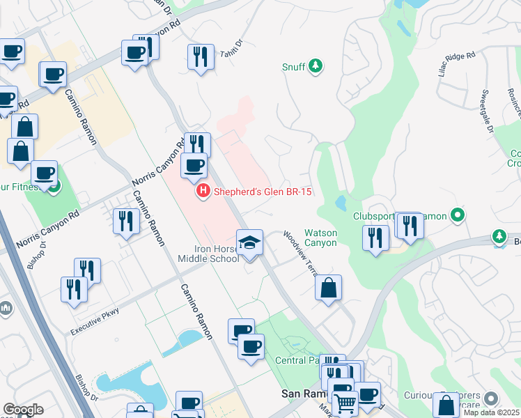 map of restaurants, bars, coffee shops, grocery stores, and more near 12720 Alcosta Boulevard in San Ramon