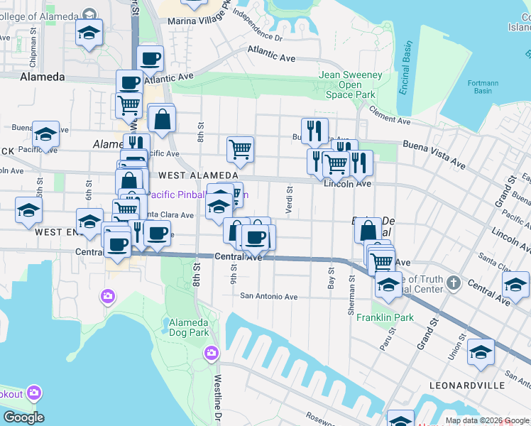 map of restaurants, bars, coffee shops, grocery stores, and more near 935 Santa Clara Avenue in Alameda