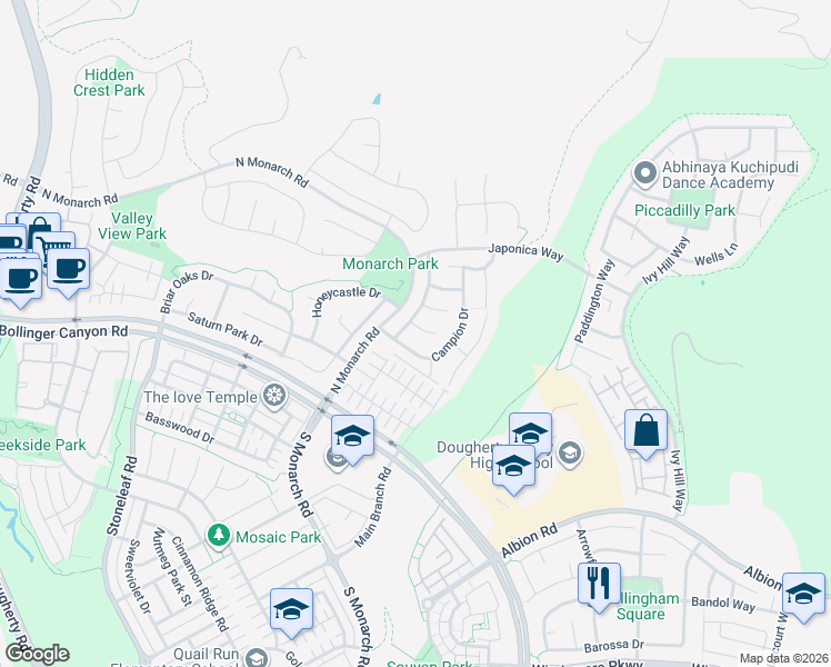 map of restaurants, bars, coffee shops, grocery stores, and more near 108 Geranium Court in San Ramon