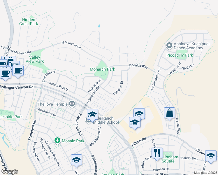 map of restaurants, bars, coffee shops, grocery stores, and more near 108 Geranium Court in San Ramon